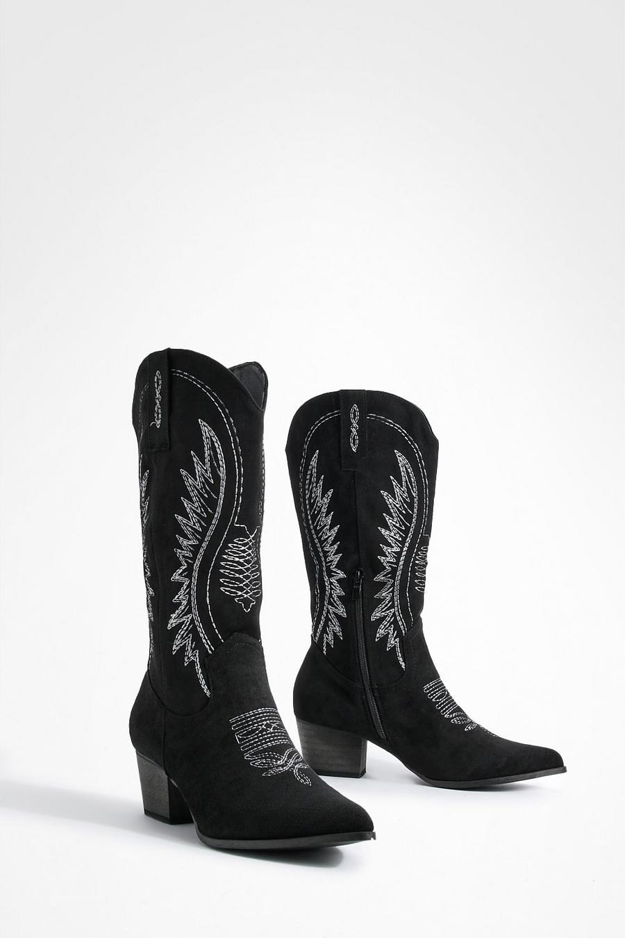 Black Contrast Stritch Detail Western Boots image number 1