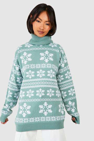 Sage Green Turtleneck Snowflake Fairisle Christmas Sweater