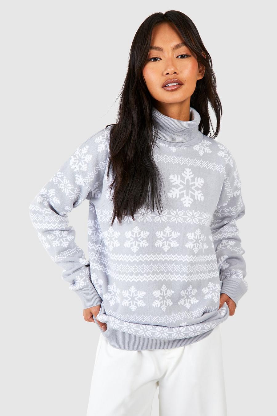Silver Turtleneck Snowflake Fairisle Christmas Sweater image number 1