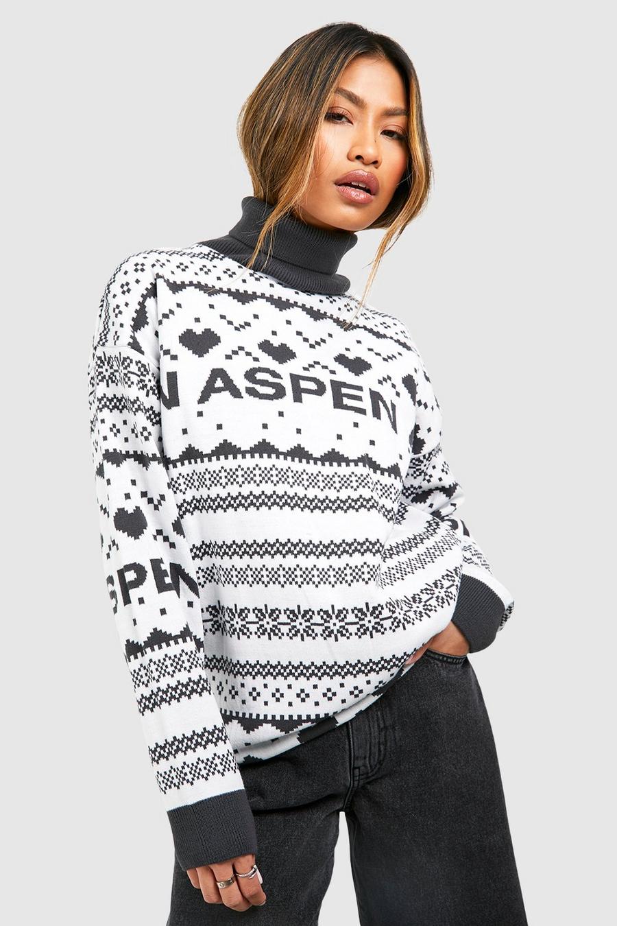 Maglione natalizio a collo alto con slogan Aspen e motivi Fairisle, Charcoal