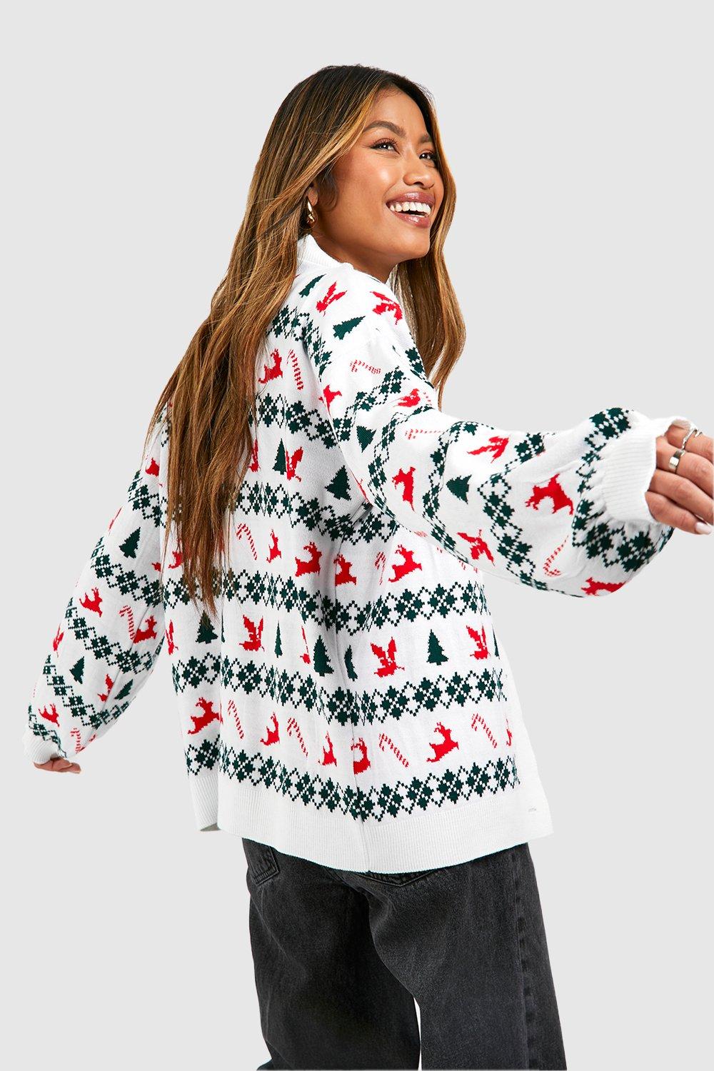 Cardigan donna lana retrò bohémien natale Fawn stampa maglioni