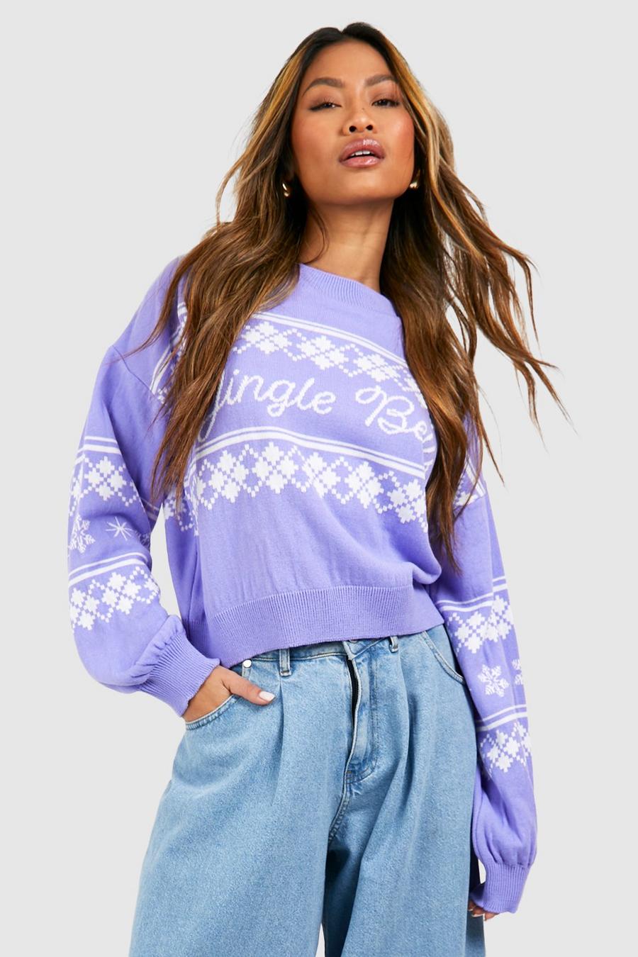 Lilac Jingle Bells Slogan Christmas Slouchy Crop Sweater