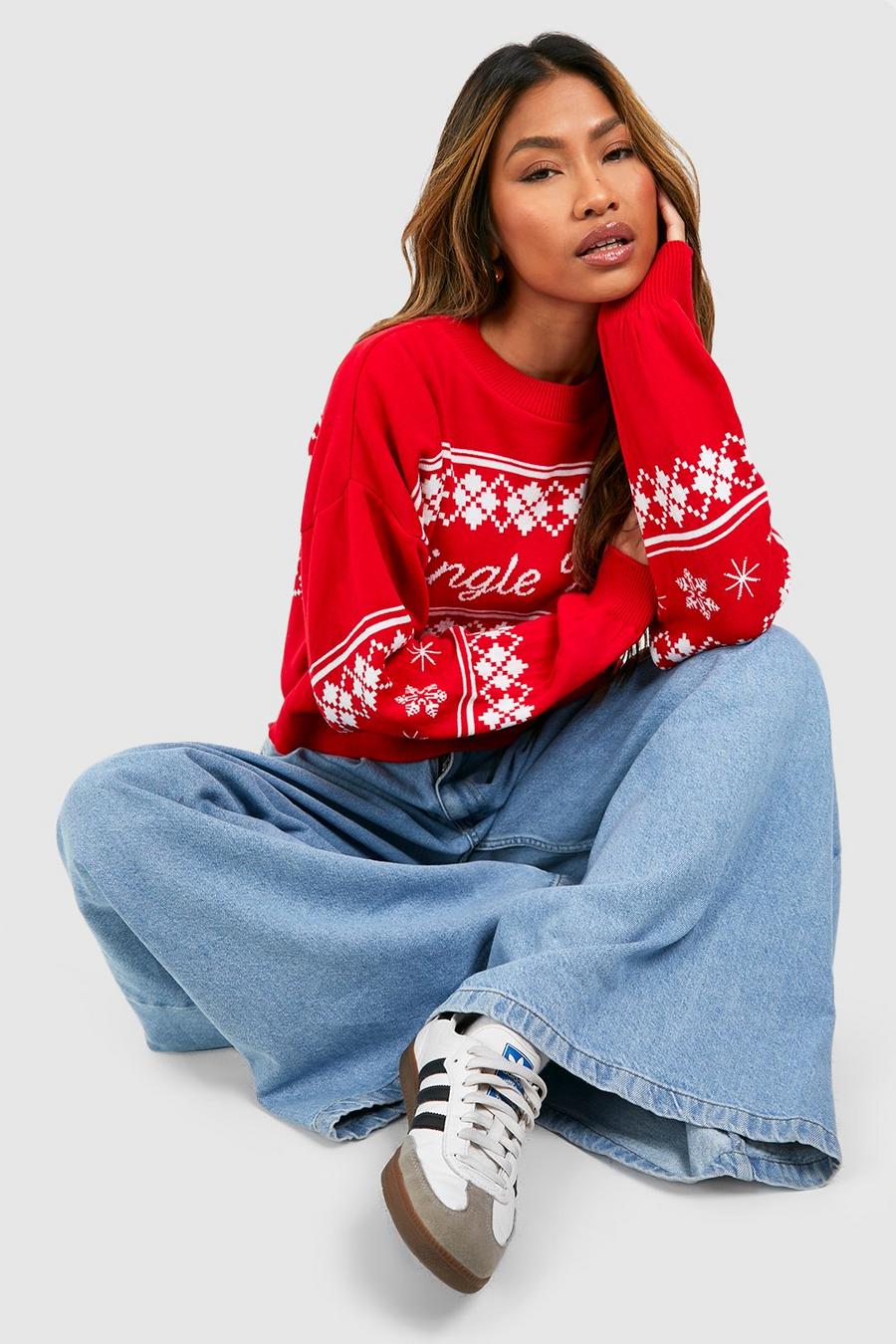 Red Jingle Bells Slogan Christmas Slouchy Crop Sweater
