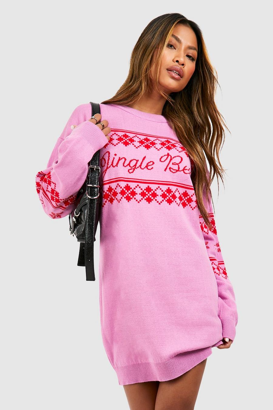 Weihnachts-Pulloverkleid mit Jingle Bells Slogan, Pink