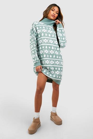 Sage Green Turtleneck Fairisle Christmas Sweater Dress