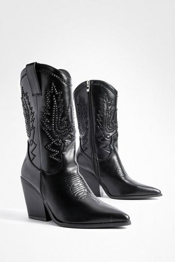 Studded Detail Western Cowboy Boots black