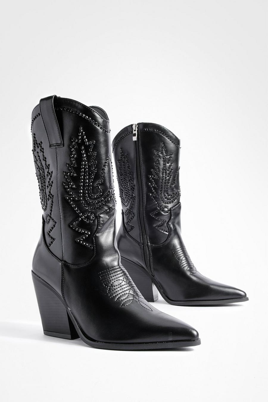 Black Studded Detail Western Cowboy Boots  image number 1