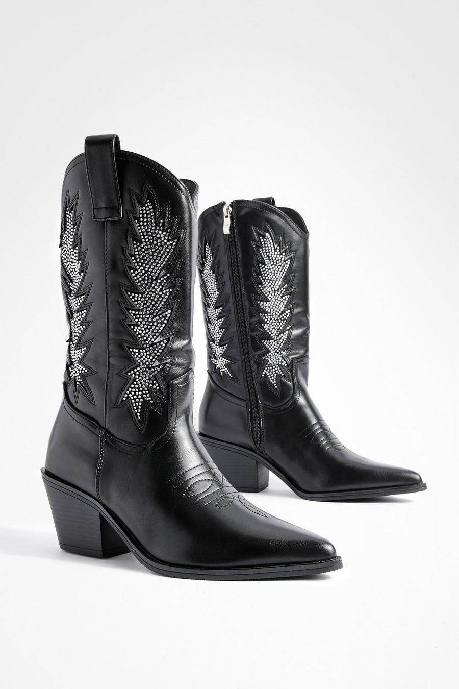 Black Studded Detail Cowboy Boots image number 1
