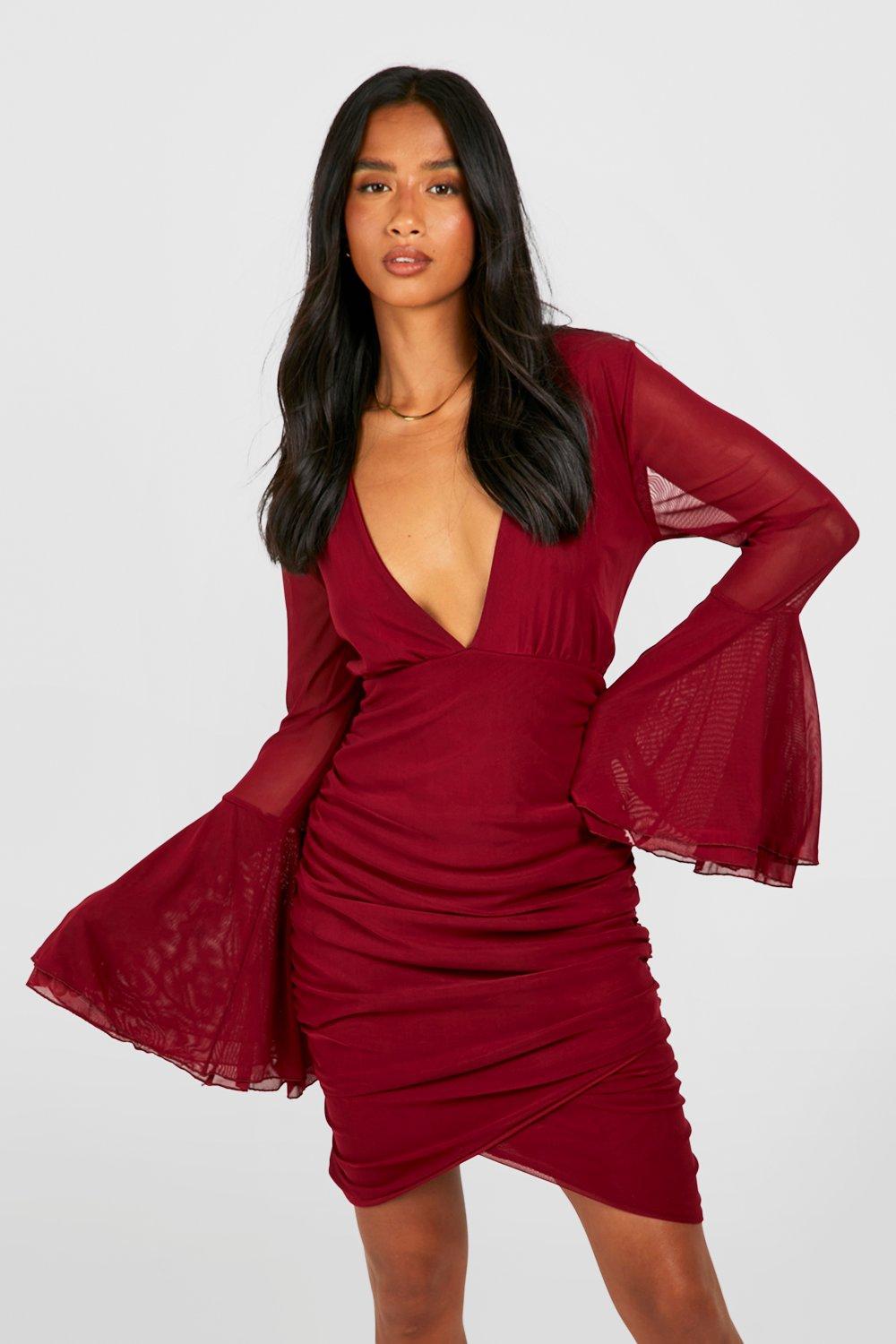 Long sleeve plunge wrap hot sale dress