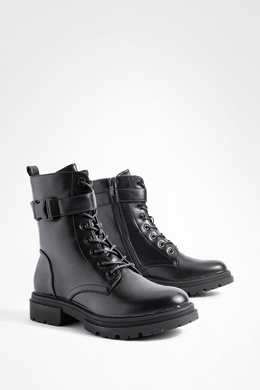 Black Chunky Buckle Detail Lace Up Hiker Boots
