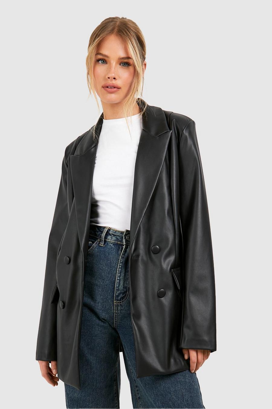 Black Leather Look Double Breasted Relaxed Fit Blazer image number 1