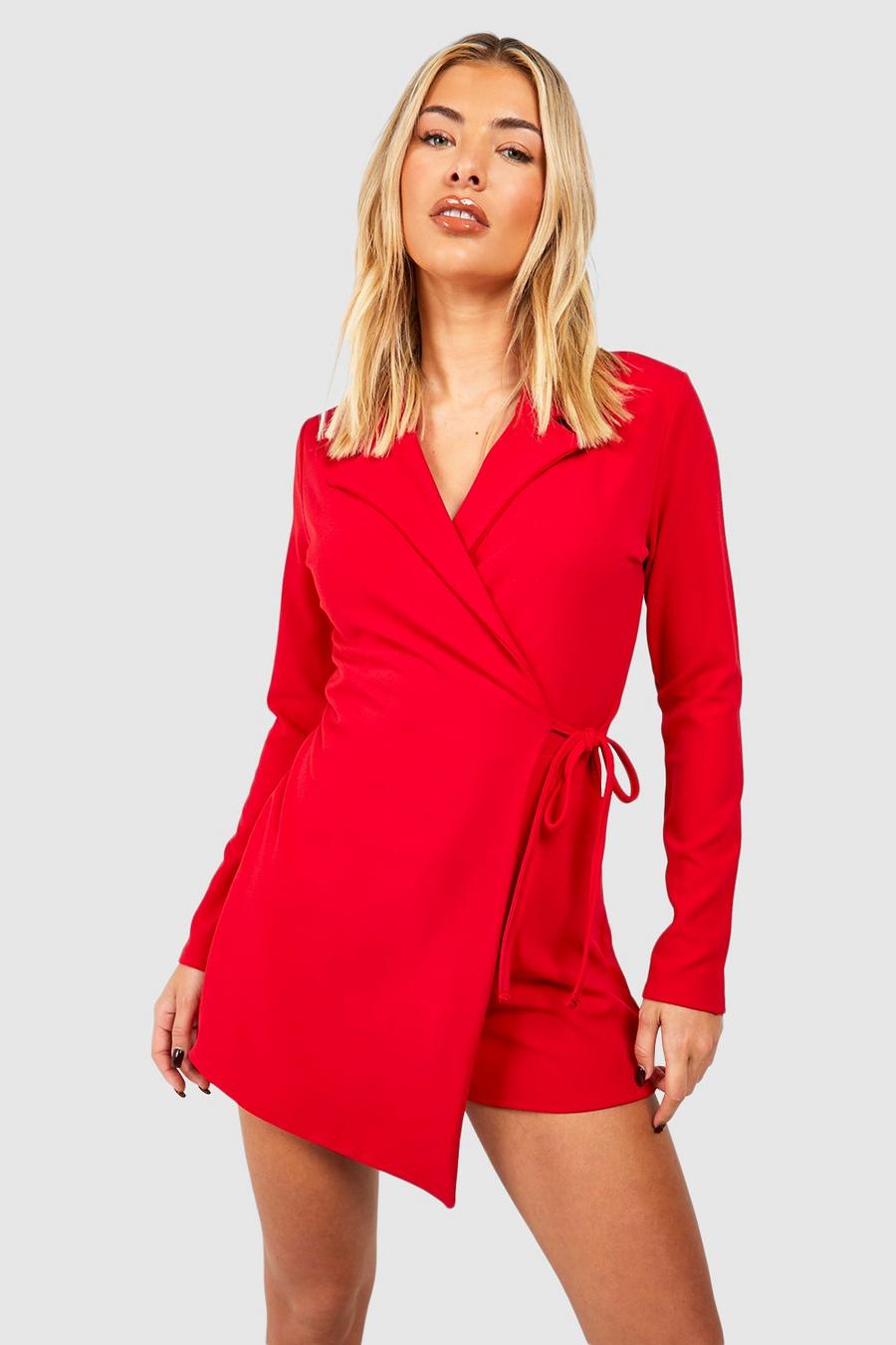 Red Tailored Wrap Skort Playsuit