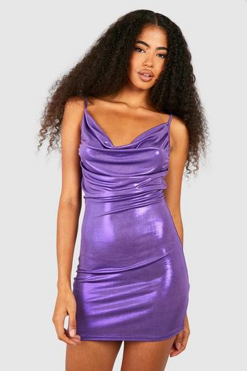 Metallic Cowl Neck Mini Dress purple