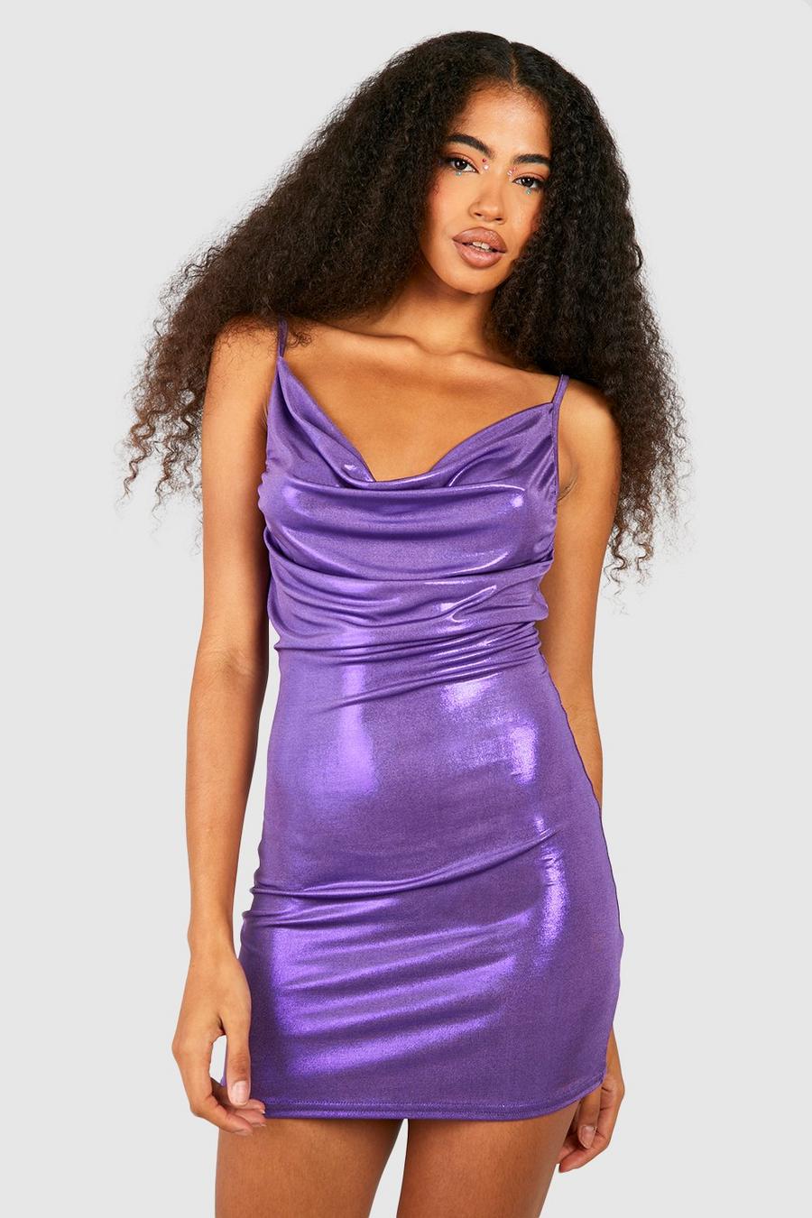 Purple Metallic Cowl Neck Mini Dress