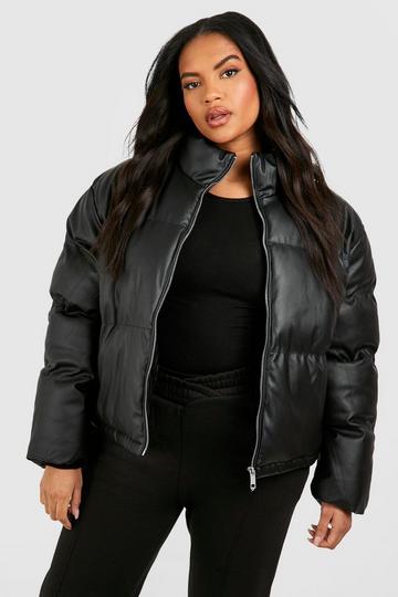 Plus Pu Zip Up Puffer Coat black