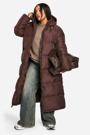 Chocolate Brown Plus Hooded Longline Puffer Coat