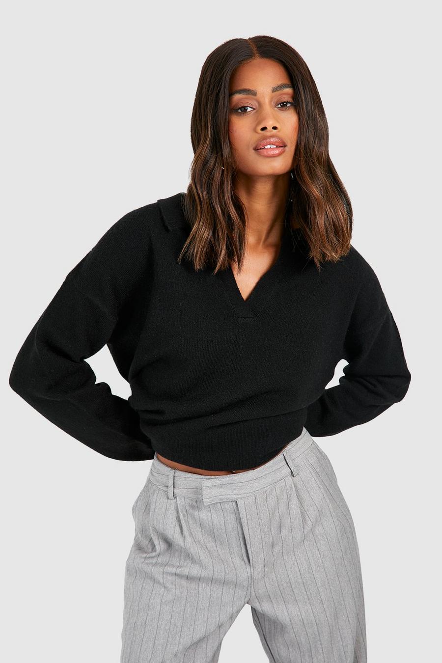 Black Soft Knit Polo Collar Sweater