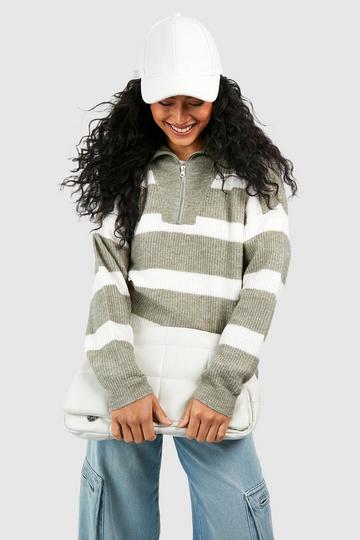 Khaki Half Zip Funnel Neck Stripe Sweater