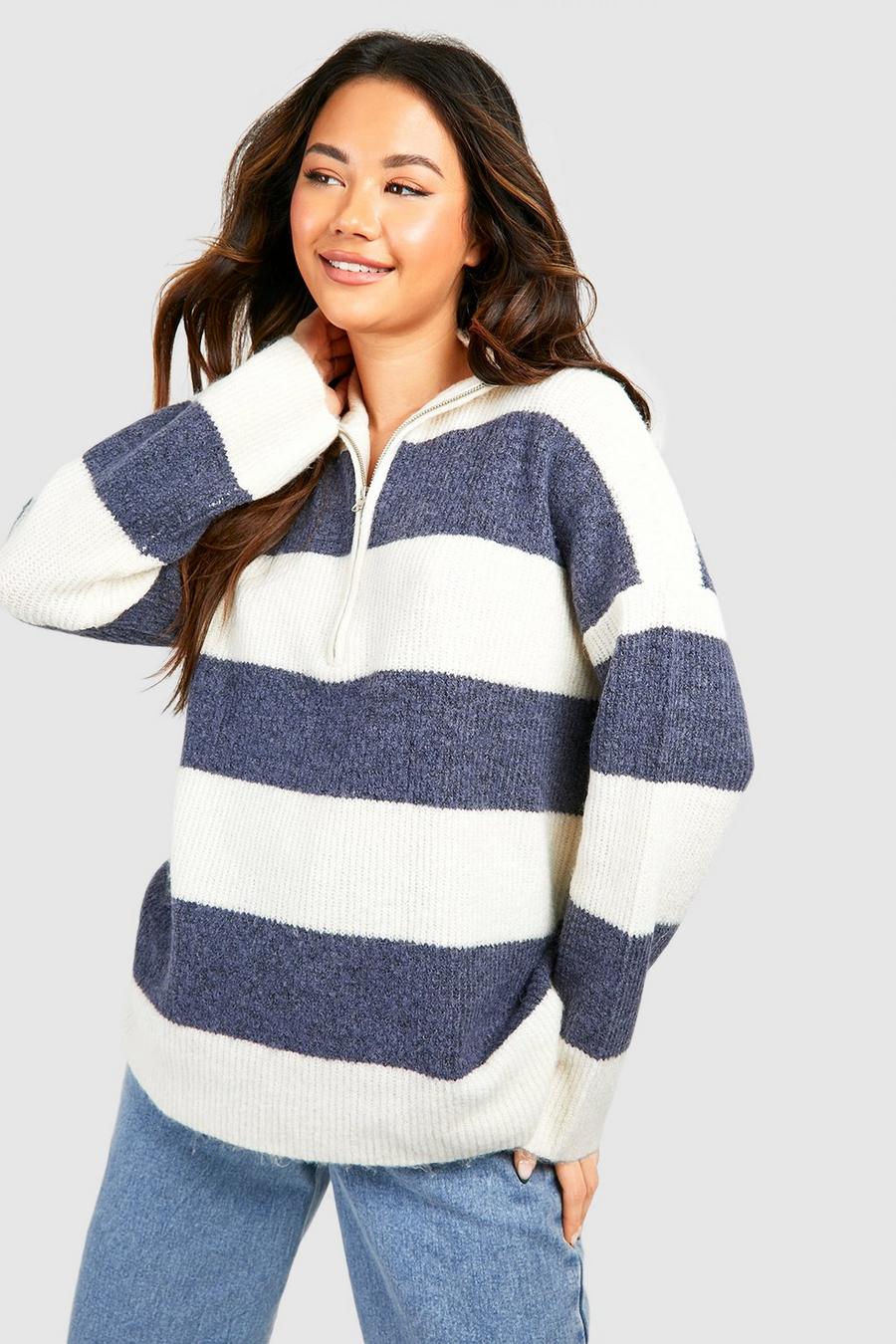 Denim-blue Half Zip Soft Knit Stripe Sweater image number 1
