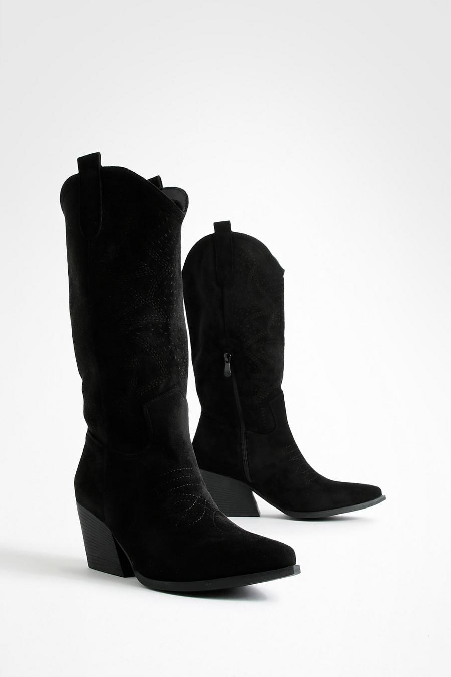 Black Contrast Stritch Detail Western Boots  image number 1