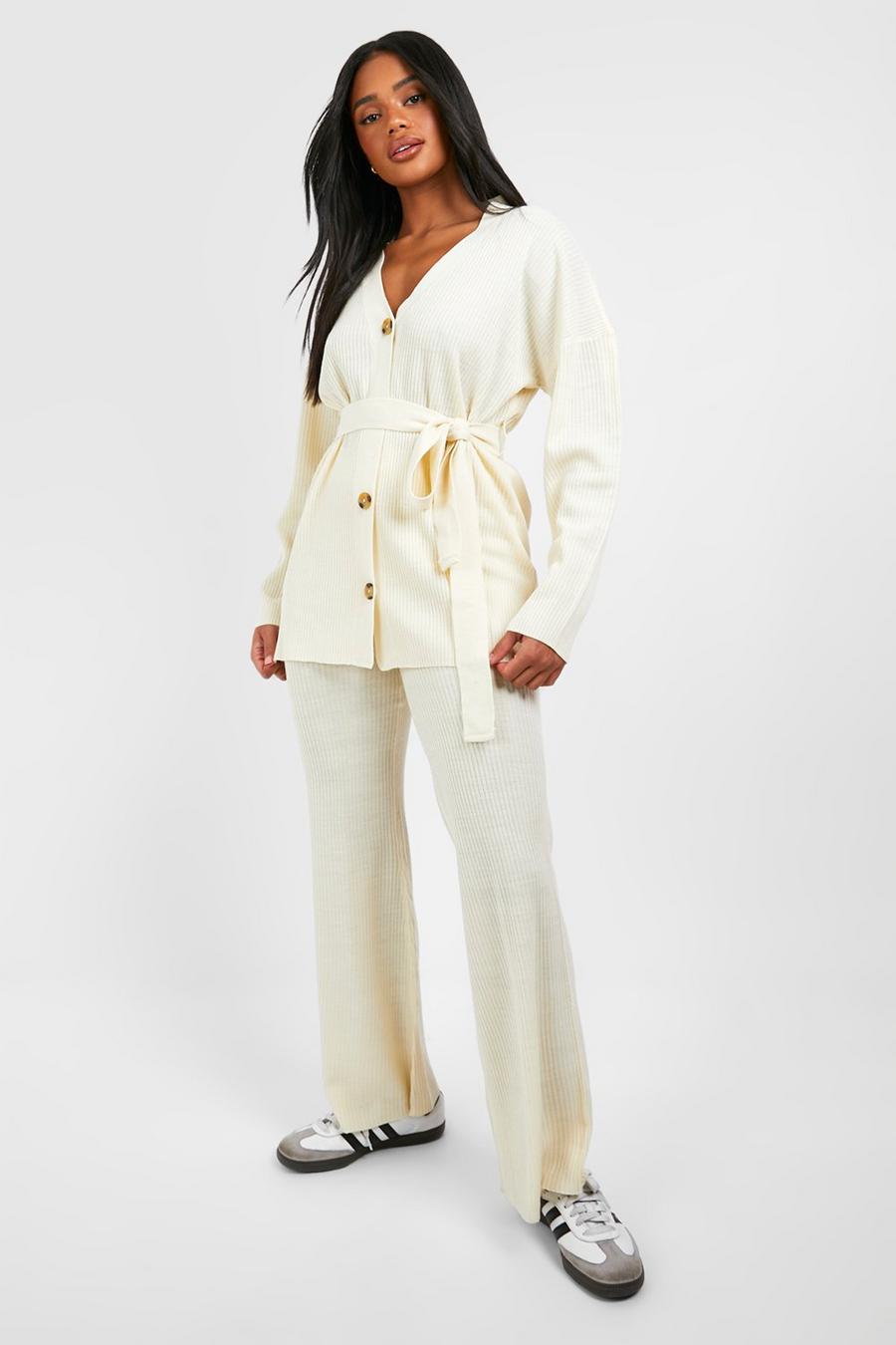 Ecru white Slouchy Belted Cardigan And Wide Leg Knit Set