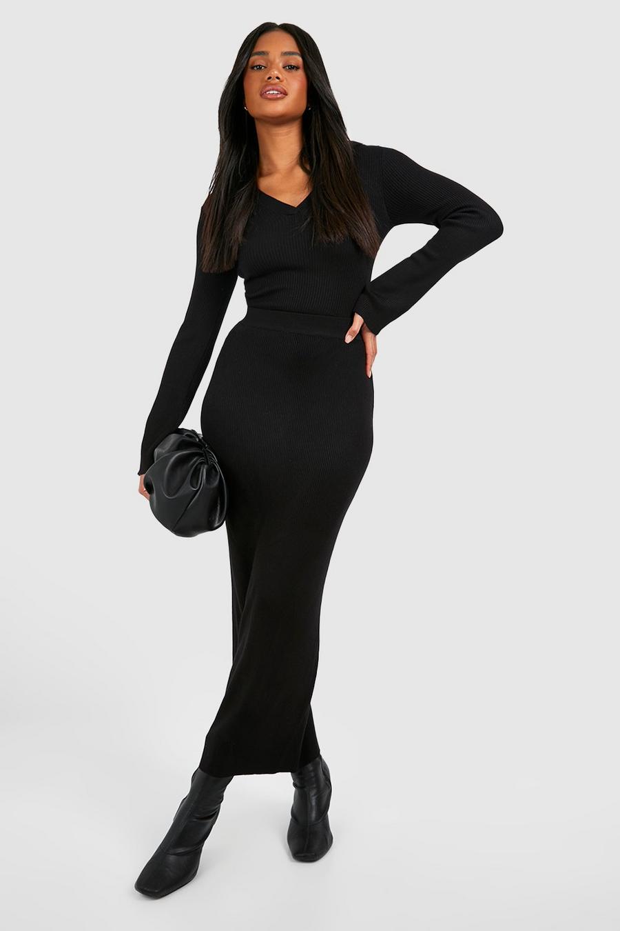 Black Polo Collar Rib Knit Top And Maxi Skirt Set