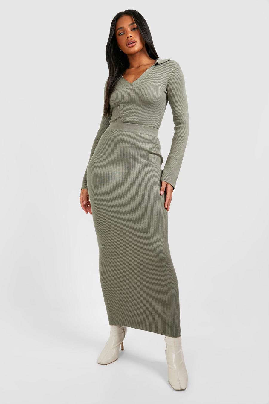 Washed khaki Polo Collar Rib Knit Top And Maxi Skirt Set image number 1