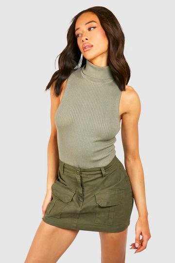 High Neck Rib Knit Sleeveless Bodysuit washed khaki