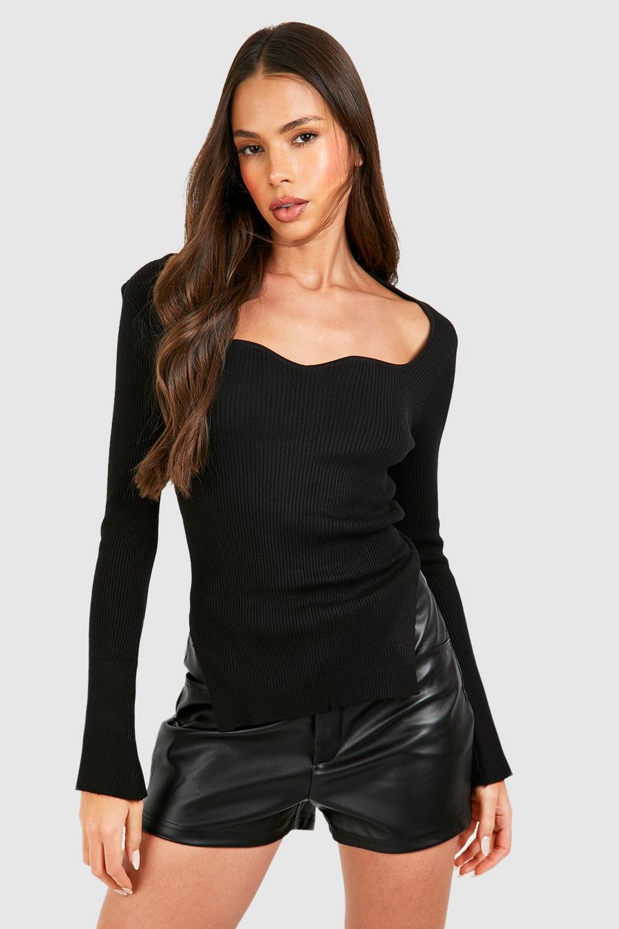 Top en maille à col en cœur, Black