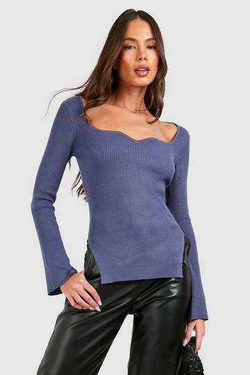 Sweetheart Neckline Rib Knit Top denim-blue