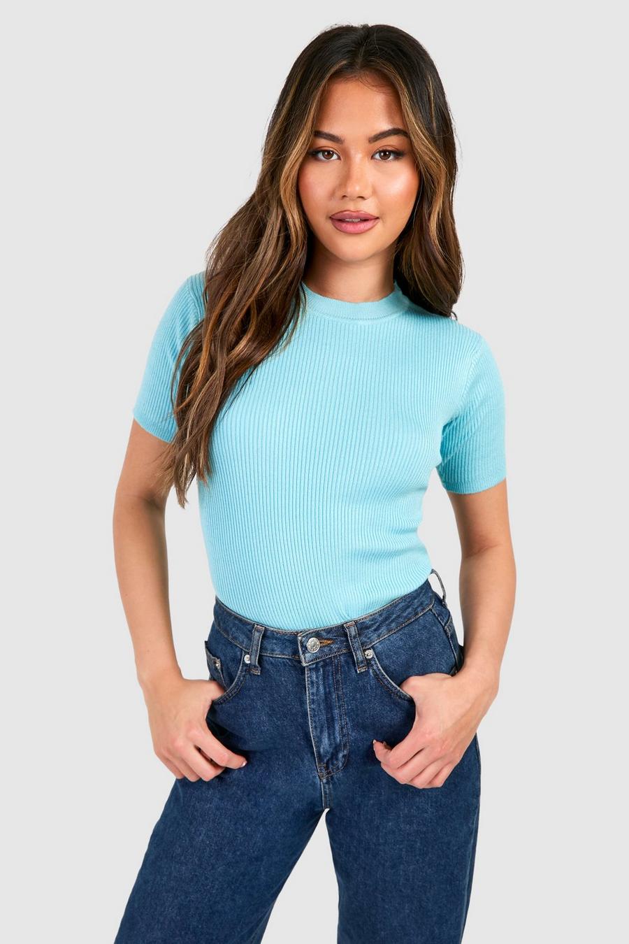 Bright blue Rib Knit Crew Neck Short Sleeve Knitted Top