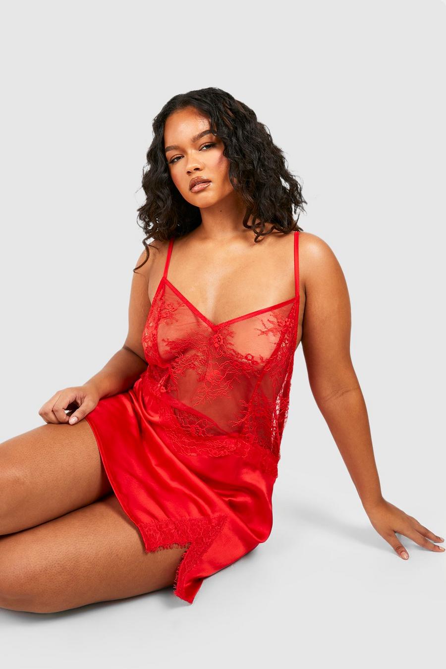 Red Plus Satin & Lace Detail Babydoll  image number 1