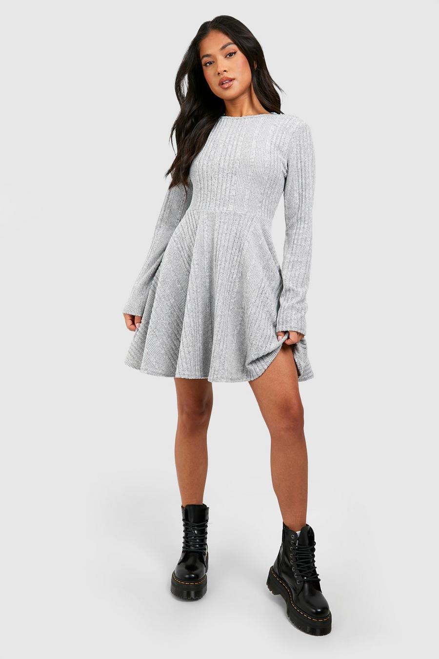 Grey Petite Soft Textured Rib Skater Dress