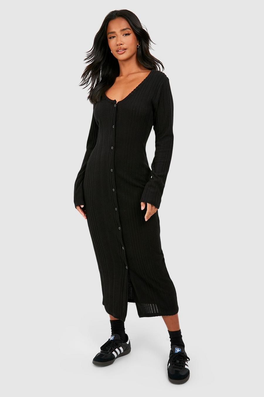 Vestido Petite midi de canalé texturizado suave con escote de pico, Black