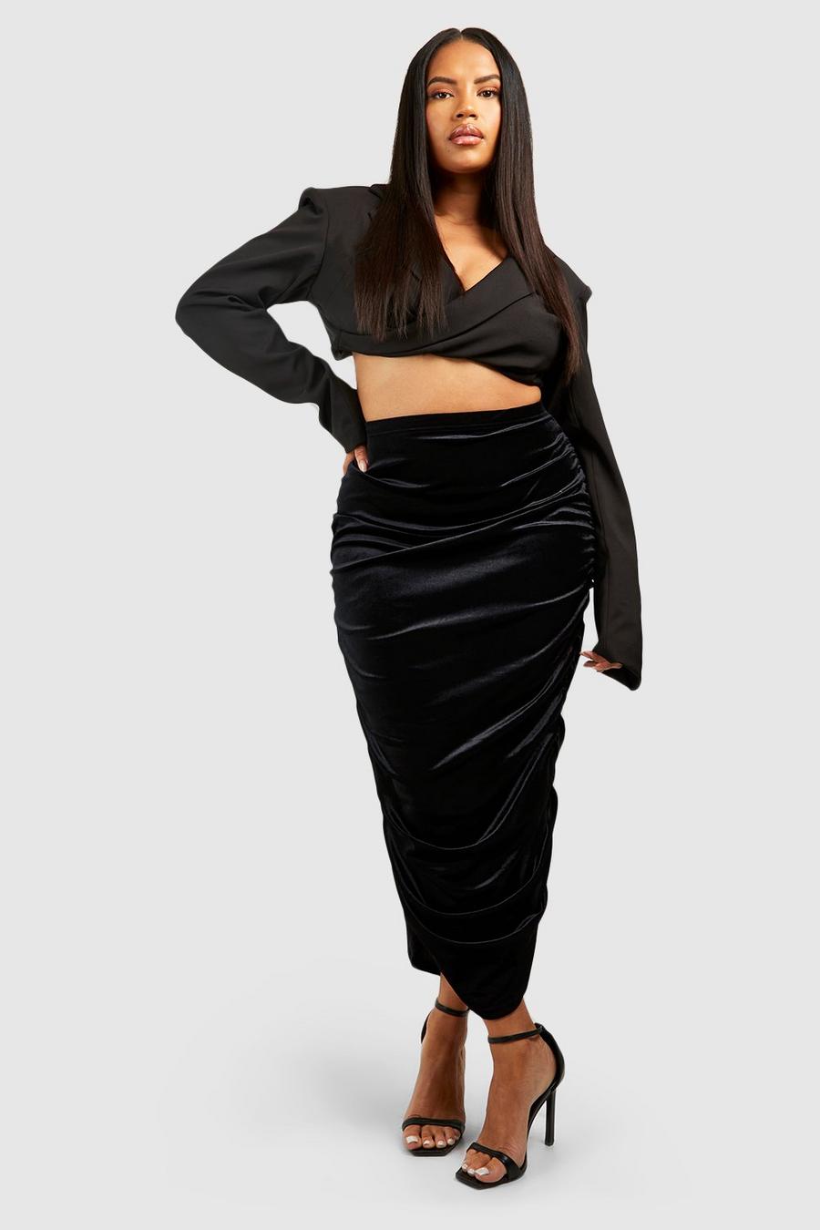 Black Plus Velvet Ruched Midi Skirt image number 1