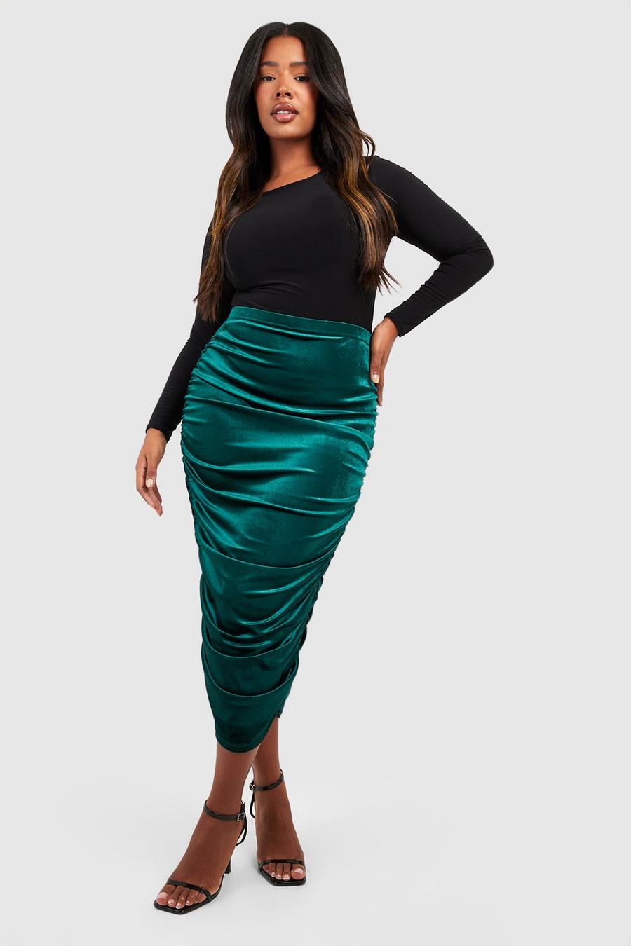 Gonna midi Plus Size in velluto con ruches, Green image number 1
