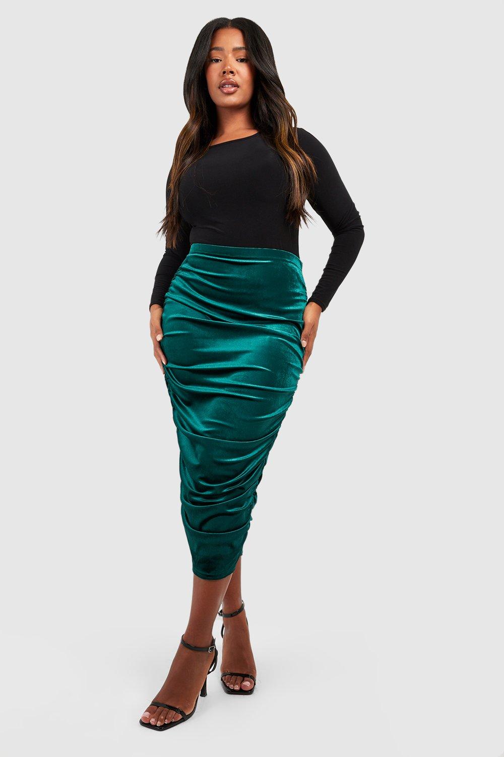 Green ruched midi outlet skirt