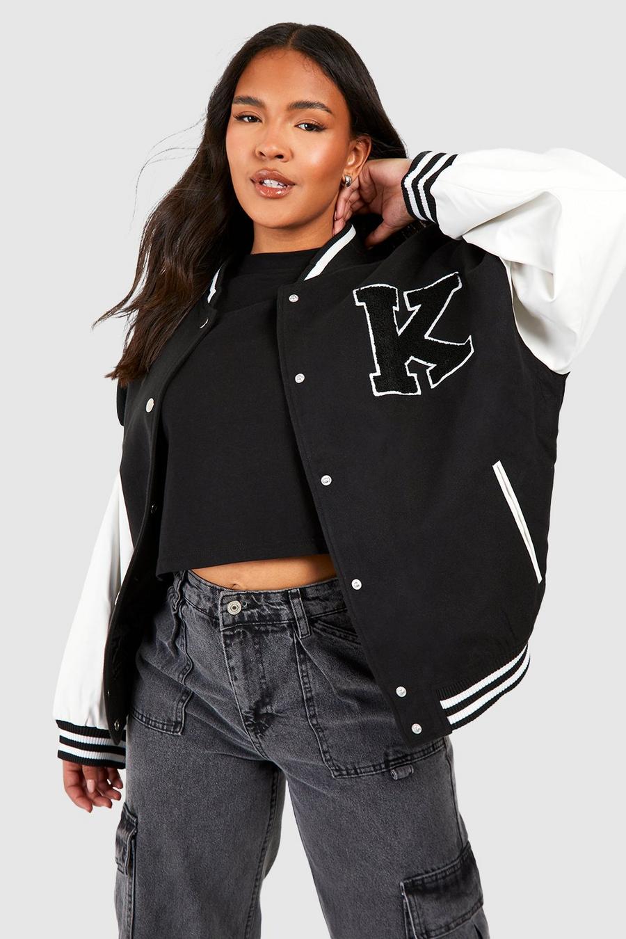 Giacca Bomber Plus Size stile Varsity con maniche in PU, Black image number 1