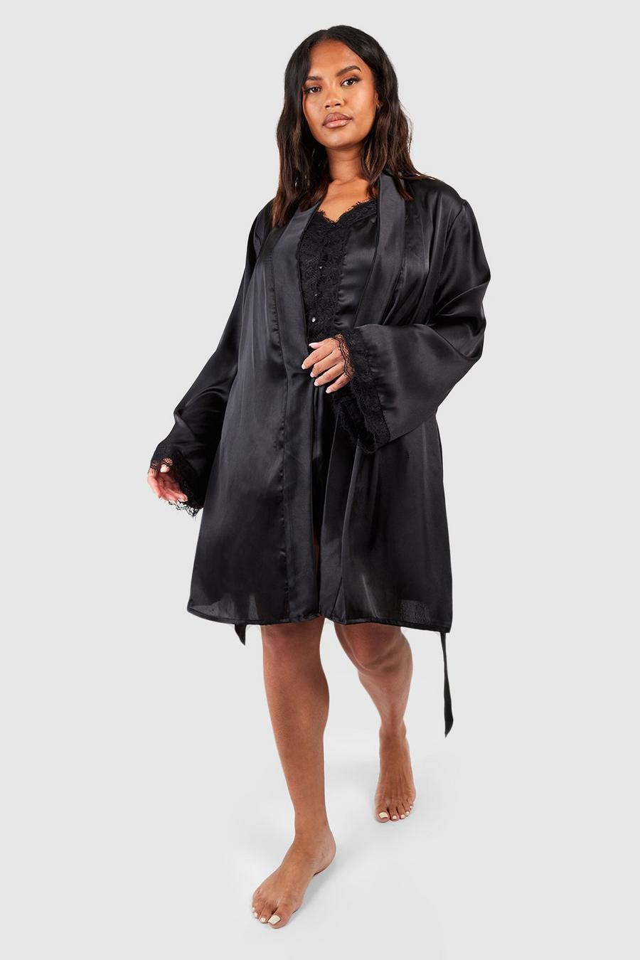 Grande taille - Robe de chambre satinée avec détail en dentelle, Black