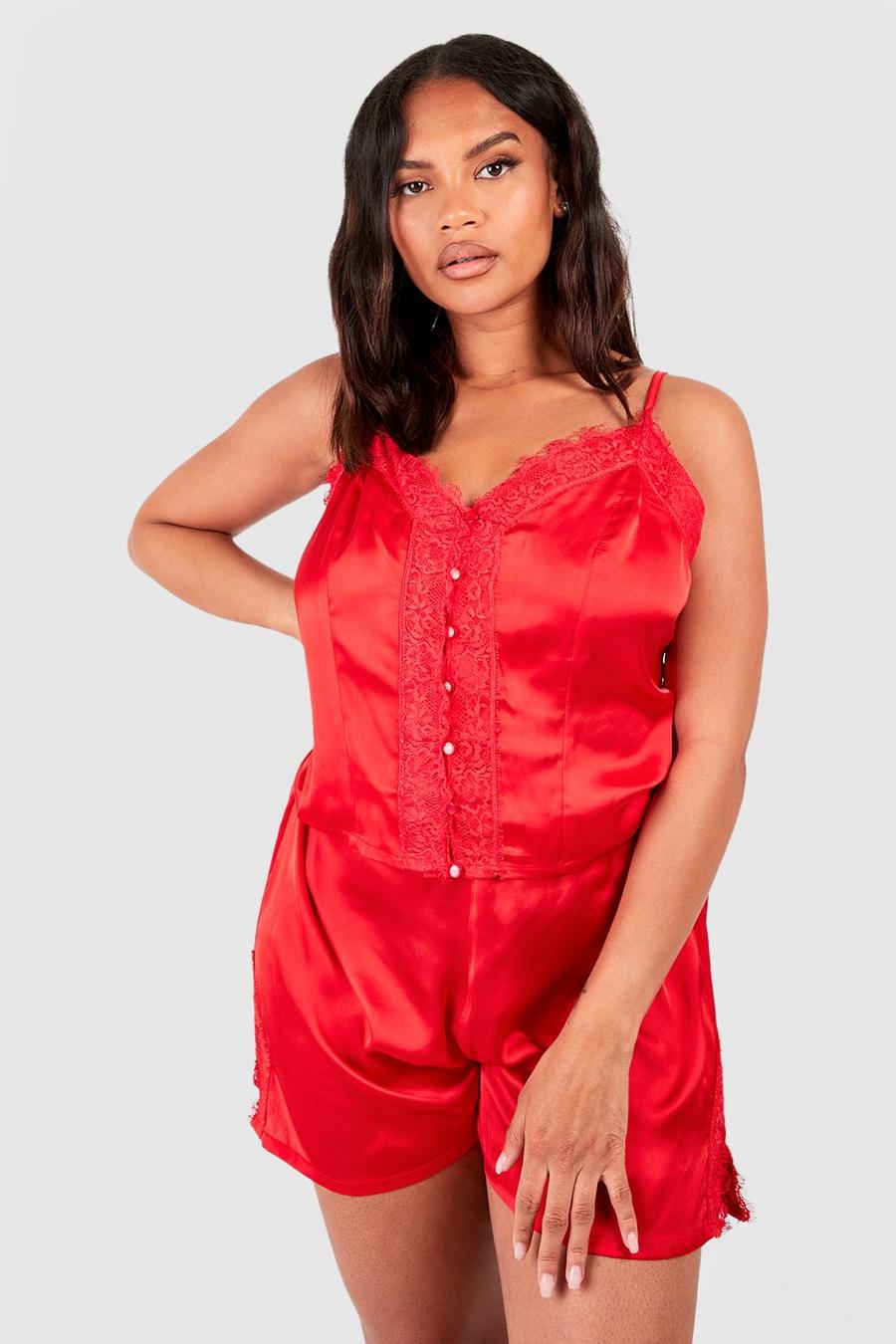 Set Plus Size smanicato in raso con dettagli in pizzo & pantaloncini pigiama, Red image number 1