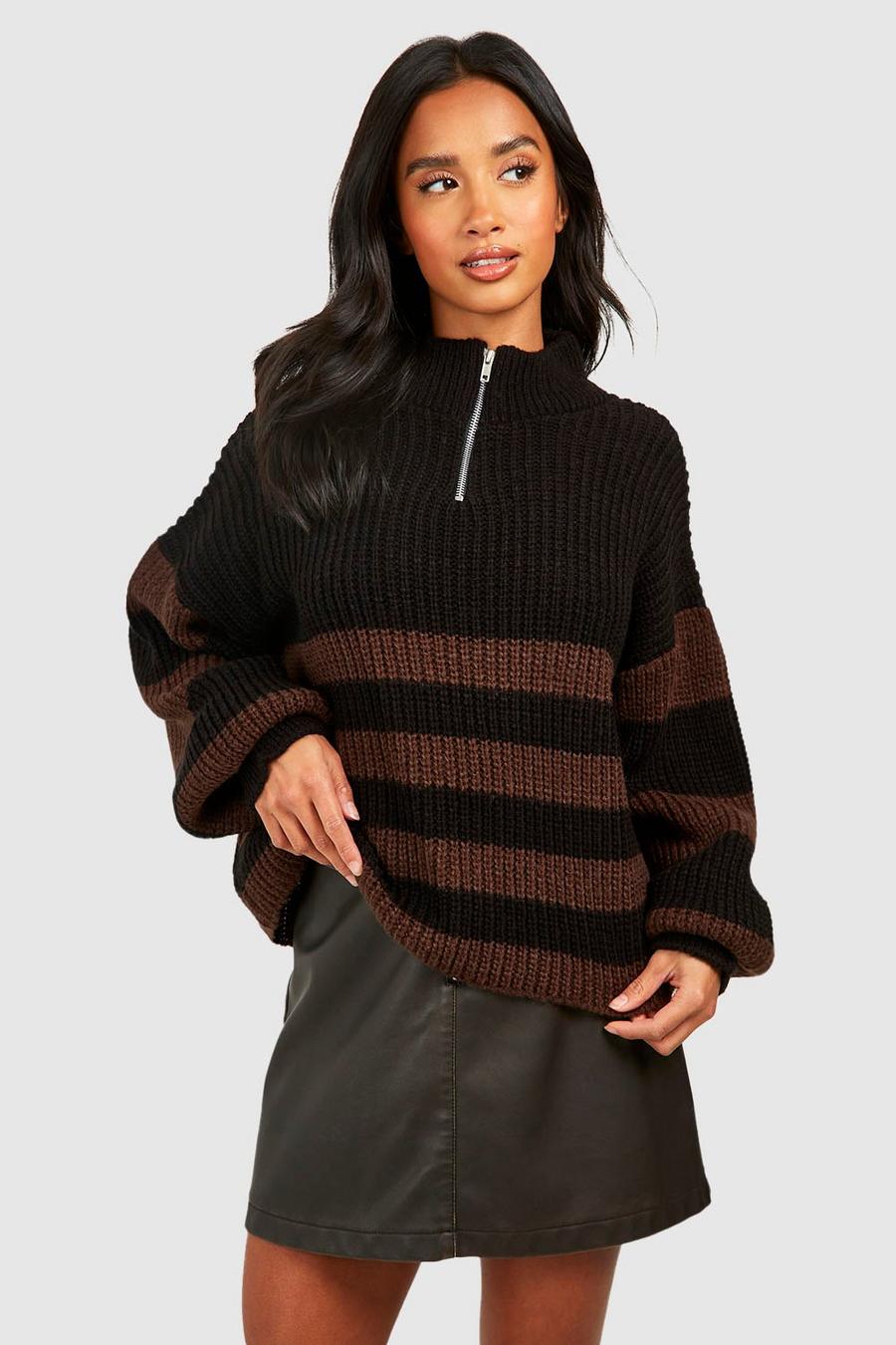 Chocolate Petite Stripe Quarter Zip Sweater image number 1