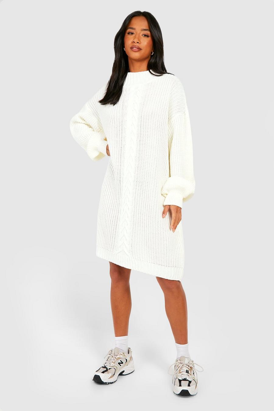 Cream Petite Cable Knit  Dress 