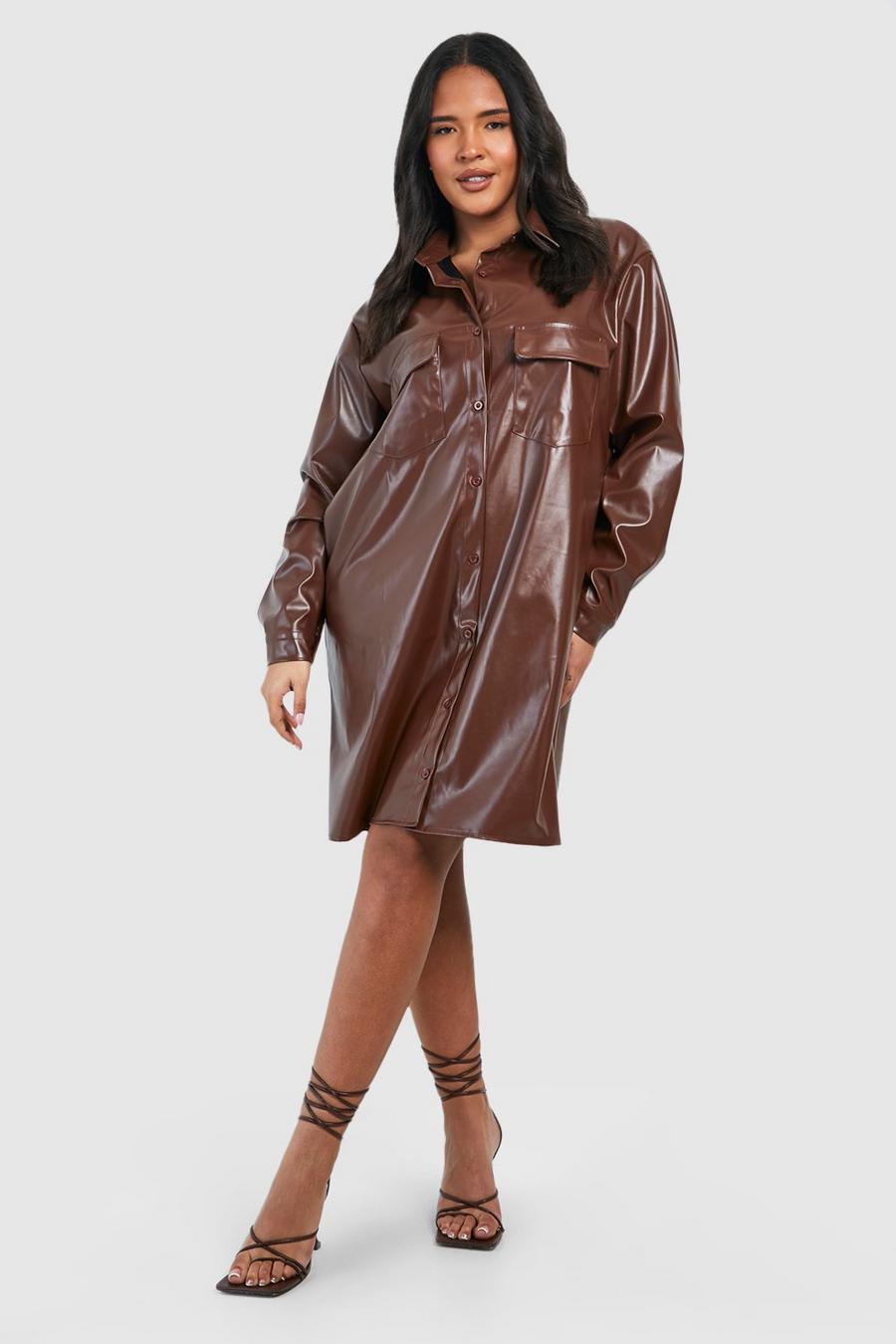 Chocolate marrón Plus Pu Pocket Shirt Dress