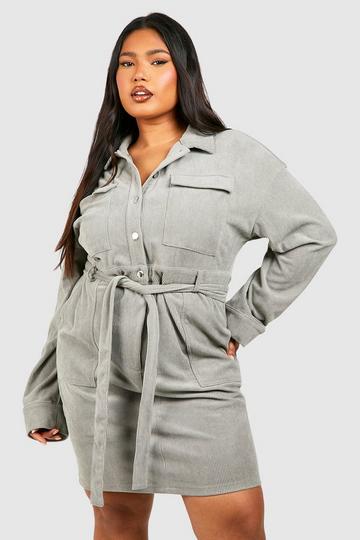 Grande taille - Robe chemise utilitaire en velours côtelé grey