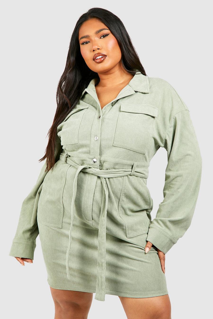 Grande taille - Robe chemise utilitaire en velours côtelé, Khaki image number 1