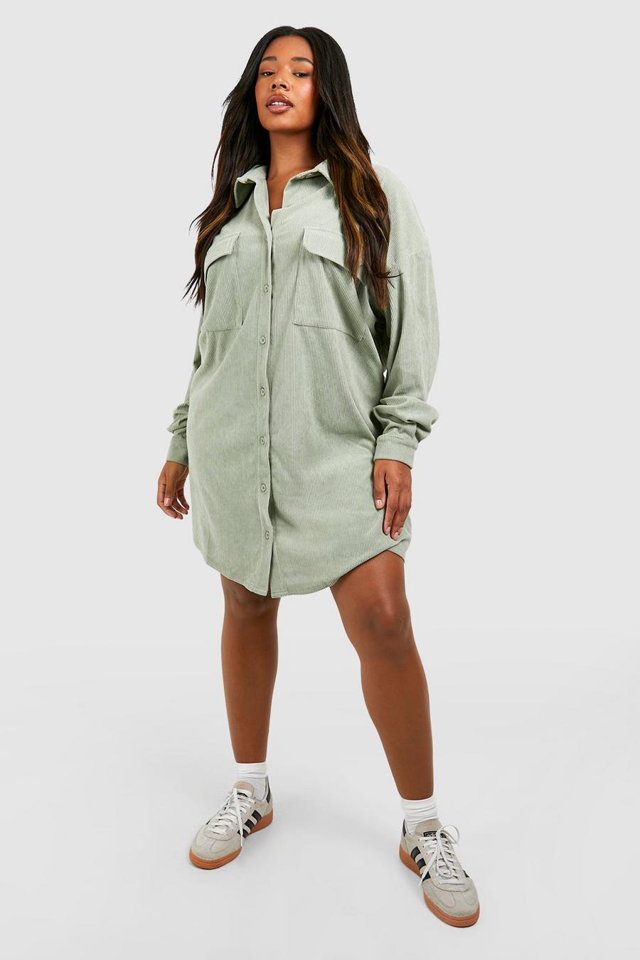 Vestito camicia Plus Size oversize in velluto a coste, Khaki image number 1
