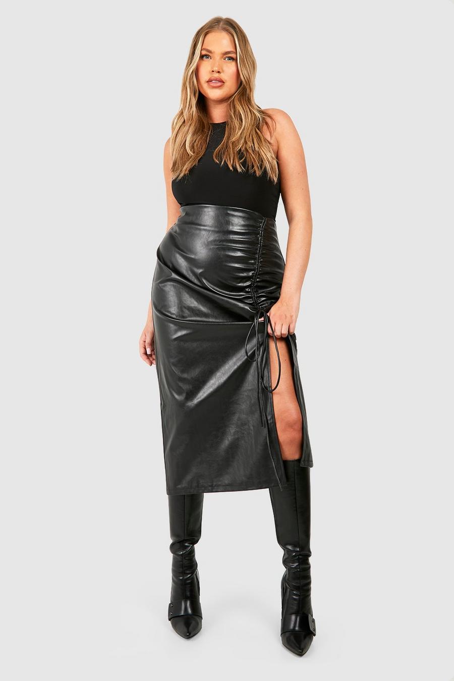 Gonna longuette Plus Size in PU con ruches e spacco frontale, Black image number 1