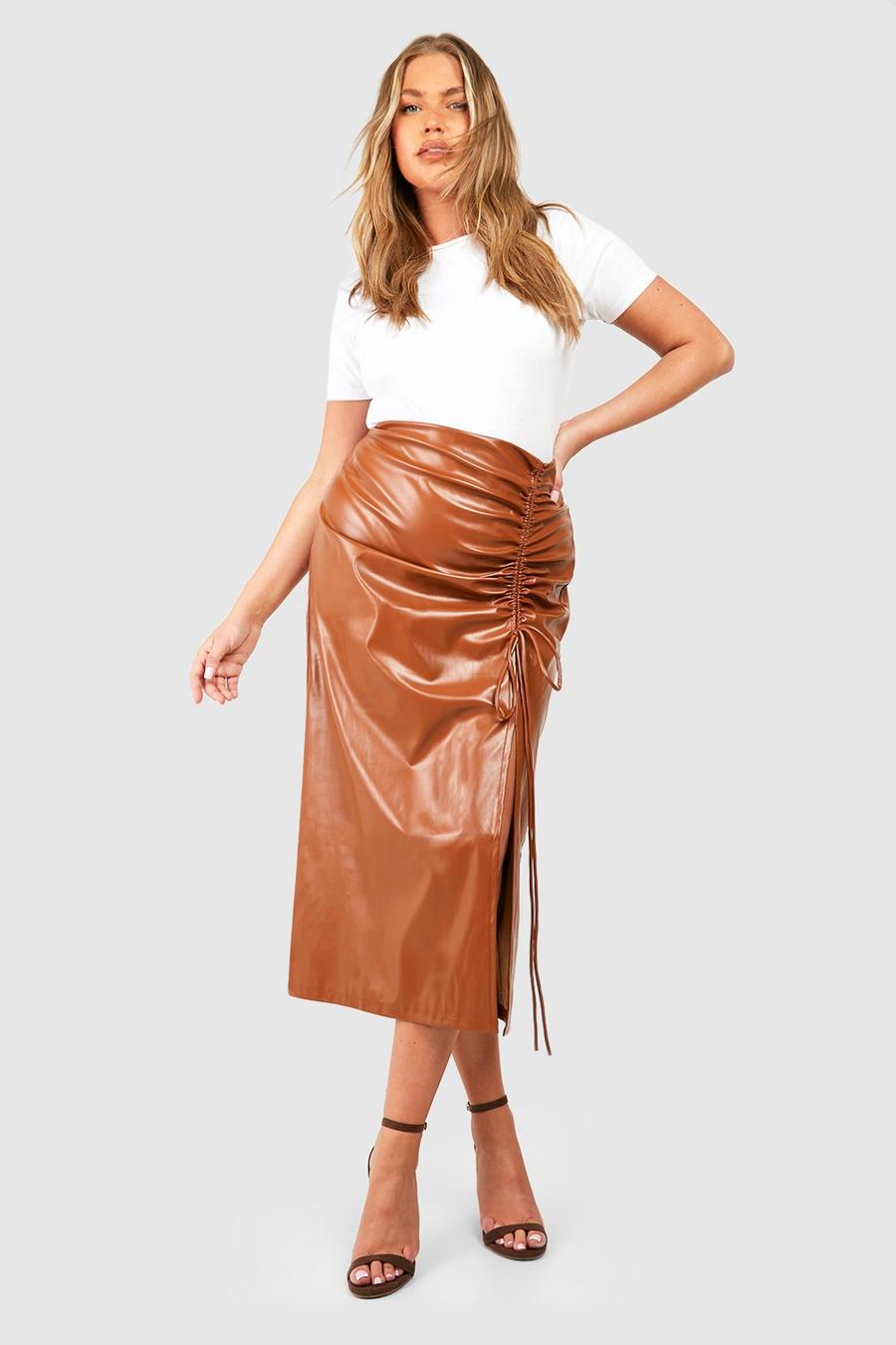 Gonna longuette Plus Size in PU con ruches e spacco frontale, Chocolate image number 1