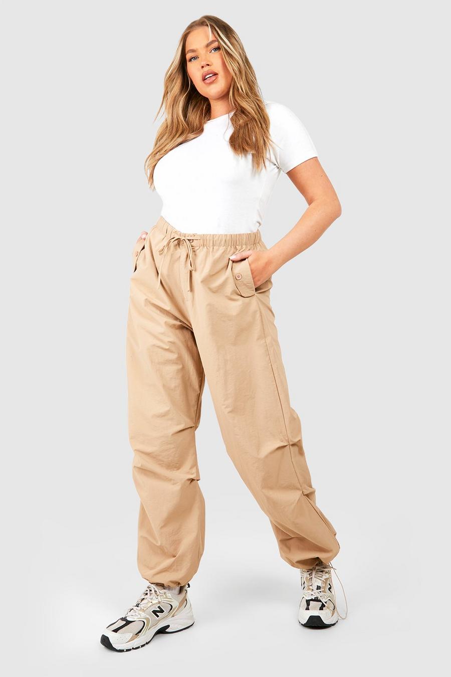 Pantaloni Cargo Plus Size in nylon con ruches, Taupe image number 1