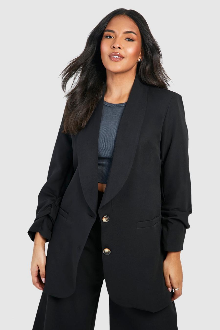Black Plus Woven Ruched Sleeve Blazer  image number 1